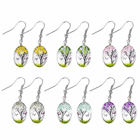 Bohemian Glass Dried Flower Earrings Tree Of Life Butterfly Pattern Alloy Hook Earrings For Women Handmade Jewelry Gift