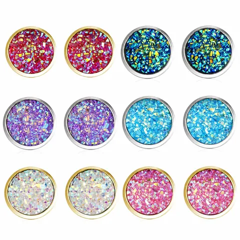 Orecchini a Lobo Rotondi Druzy in Acciaio Inossidabile per Donna Uomo Colorati Scintillanti Arcobaleno Gioielli Minimalisti