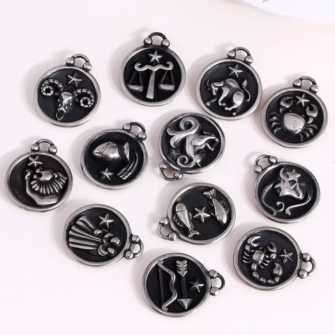Vintage Stainless Steel Zodiac Constellation Round Coin Pendant For DIY Jewelry Making Necklace Accessories For Men Women
