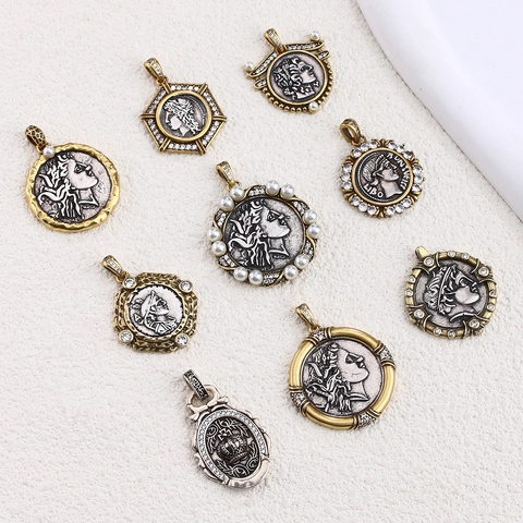 Vintage Ancient Greek Roman Coin Portrait Relief Pendant DIY Necklace Accessory Copper Rhinestone Artificial Pearl Charm