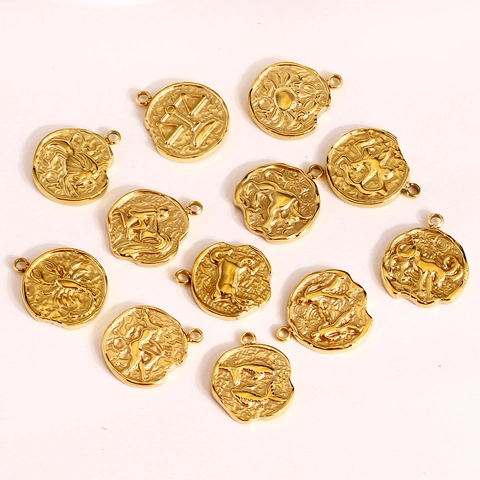Ciondolo Zodiaco Vintage in Acciaio Inossidabile Moneta Irregolare Sbalzo Dodici Costellazioni Placcato Oro Gioielli Fai da Te