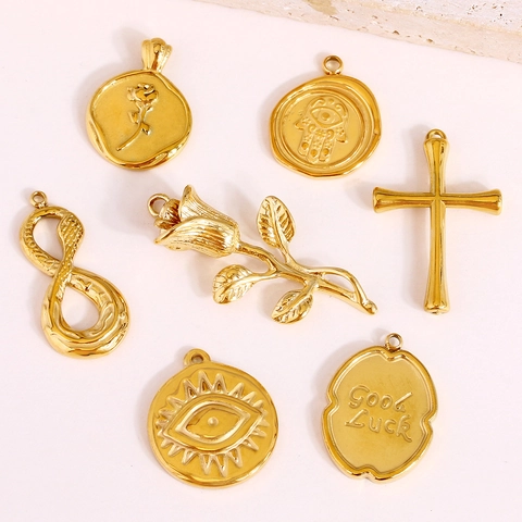 Pendentif Vintage Style Français en Acier Inoxydable Rose Croix Mauvais Œil Main de Fatma pour Fabrication de Bijoux DIY Femme Homme