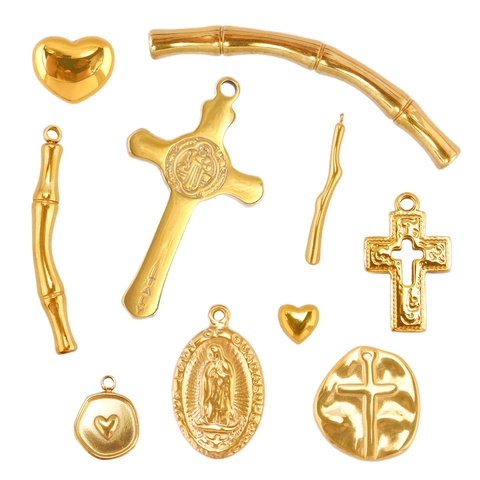 Stainless Steel 18K Gold Plated DIY Jewelry Charms Heart Bamboo Joint Religious Cross Medallion Pendants For Making