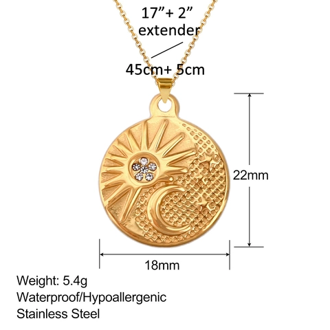 Vintage Stainless Steel Sun Moon Star Compass Pendant Necklace For Women Gold Silver Plated Tarot Jewelry Waterproof Hypoallergenic Clavicle Chain