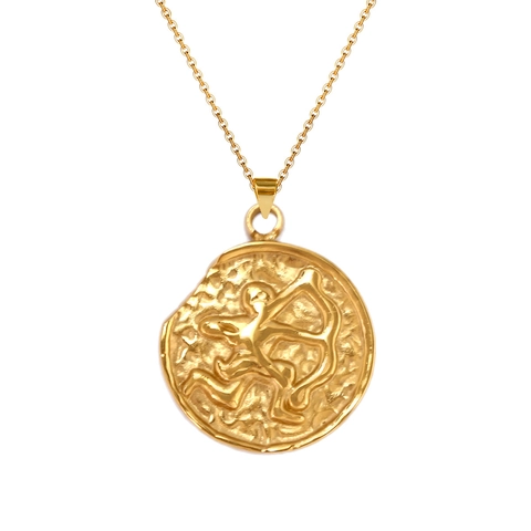 Collana con Ciondolo a Forma di Moneta dei Dodici Segni Zodiacali in Acciaio Inossidabile Placcato Oro 18K Vintage