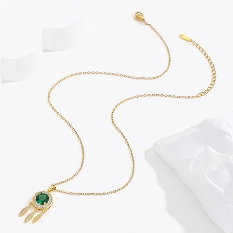 Bohemian 18K Gold Plated Copper Dreamcatcher Pendant Necklace With Green Zirconia Feather Charm Women Fashion Jewelry