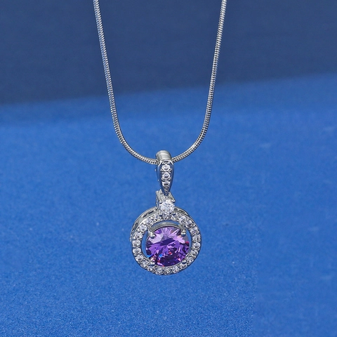 Fashion Stainless Steel Round Purple Zircon Pendant Necklace Silver Snake Chain For Women Elegant Daily Jewelry Gift