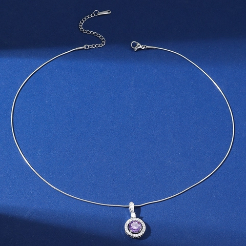 Fashion Stainless Steel Round Purple Zircon Pendant Necklace Silver Snake Chain For Women Elegant Daily Jewelry Gift