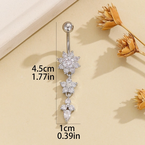 Stainless Steel Flower Dangle Belly Ring For Women Fashion Rhinestone Inlaid Octagon Navel Piercing Jewelry Silver Tone