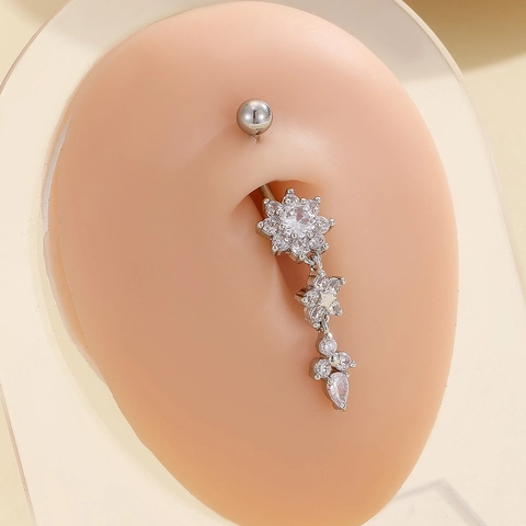 Stainless Steel Flower Dangle Belly Ring For Women Fashion Rhinestone Inlaid Octagon Navel Piercing Jewelry Silver Tone