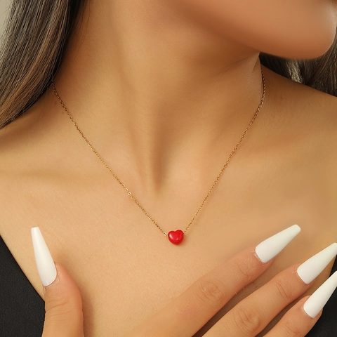 Minimalist 18K Gold Plated Stainless Steel Red Heart Pendant Necklace For Women Sweet Enamel Heart Adjustable Jewelry Gift