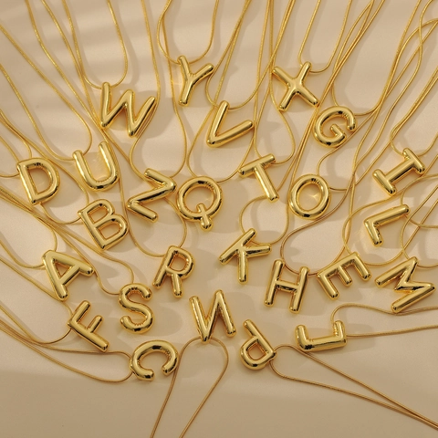 Minimalist Gold Plated Stainless Steel Snake Chain Pendant Necklace Alphabet Initial Capital Balloon Bubble Jewelry For Unisex