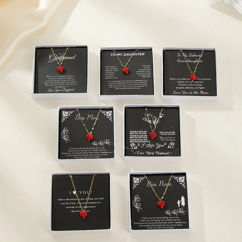 Sweet Stainless Steel Heart Pendant Necklace 18K Gold Plated Red Love Heart Choker With Message Cards Gift Box For Women Family
