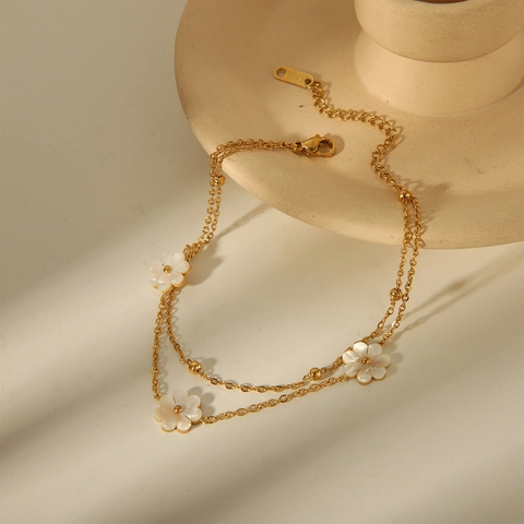 Tobillera de Margarita de Acero Inoxidable Chapado en Oro de 18K para Mujer Tobillera de Cadena de Doble Capa con Flor de Concha Joyería de Playa de Verano