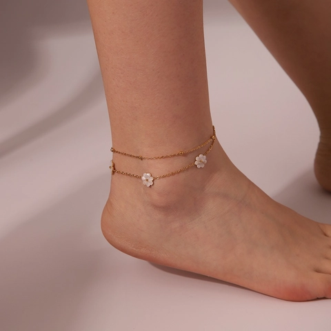 Tobillera de Margarita de Acero Inoxidable Chapado en Oro de 18K para Mujer Tobillera de Cadena de Doble Capa con Flor de Concha Joyería de Playa de Verano