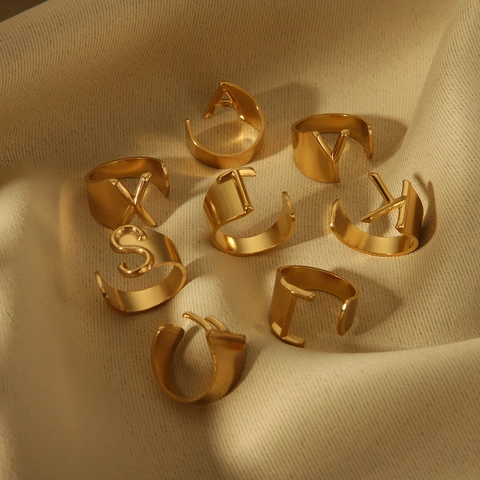 Stainless Steel 18K Gold Plated 26 Capital English Letter Open Rings For Women Men Minimalist Adjustable Finger Ring Jewelry