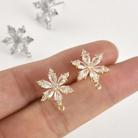 14K Vergoldete Kupfer Schneeflocken Ohrstecker Mit Silber Stift Zirkonia DIY Schmuckzubehör Bastelteile Damen