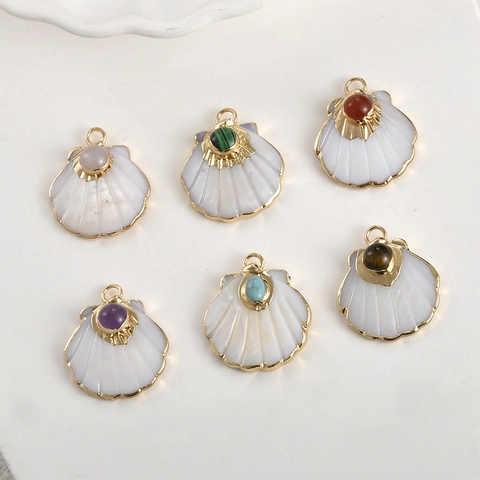 Fan Scallop Shape Shell Gemstone Inlaid Pendant Gold Plated Amethyst Rose Quartz Turquoise Tiger Eye DIY Jewelry Accessory