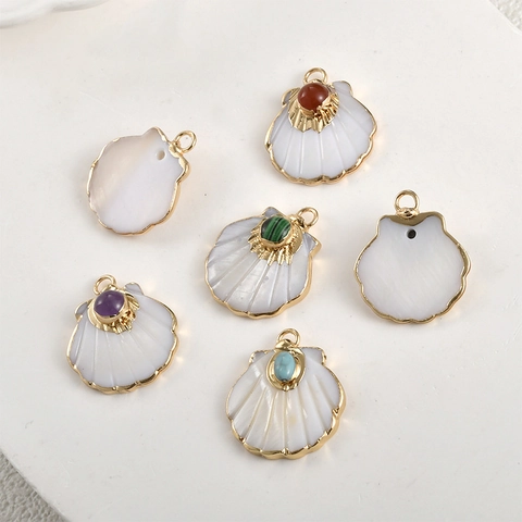 Fan Scallop Shape Shell Gemstone Inlaid Pendant Gold Plated Amethyst Rose Quartz Turquoise Tiger Eye DIY Jewelry Accessory