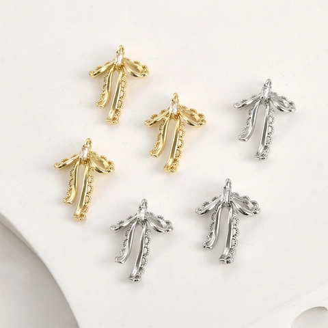 Copper 14k Gold Plated Bow Pendant Zirconia Inlaid Lace Edge DIY Jewelry Making Accessories Necklace Earrings Findings