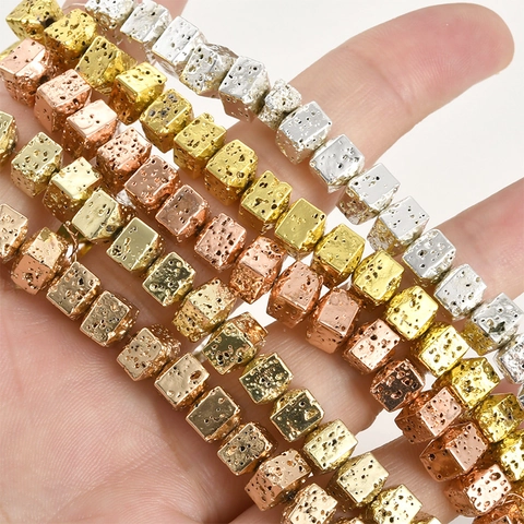 Gold Plated Lava Stone Square Spacer Beads Cube Volcanic Rock Loose Beads DIY Jewelry Making Accessory For Bracelet Necklace