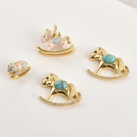 18K Gold Plated Copper Rocking Horse Pegasus Pendant Only Without Chain With Zircon Enamel For DIY Jewelry Making Findings