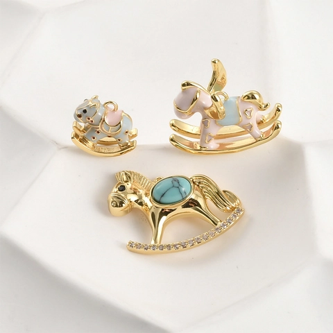 18K Gold Plated Copper Rocking Horse Pegasus Pendant Only Without Chain With Zircon Enamel For DIY Jewelry Making Findings
