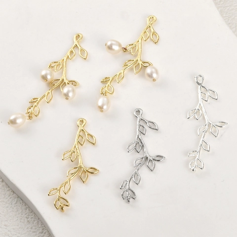 Accesorios de Conector de Colgante DIY de Rama y Hoja Hueca Hallazgos de Cobre Galvanizado en Oro de 14K y Plata para Fabricación de Pulseras Collares Pendientes