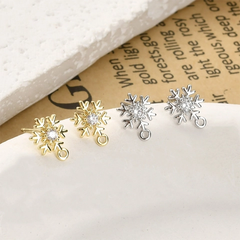 Copper Plated 14K Gold Snowflake Stud Earring Findings With Zirconia Inlaid And Bottom Loop For DIY Jewelry Making Crafts