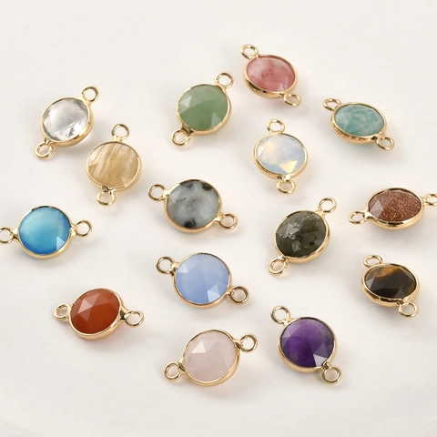 Natural Stone Connector Charms Round Faceted Gemstone Double Hole Link Pendants Gold Plated Border For DIY Jewelry Making Crafts