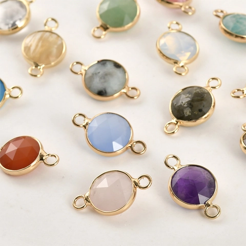 Natural Stone Connector Charms Round Faceted Gemstone Double Hole Link Pendants Gold Plated Border For DIY Jewelry Making Crafts
