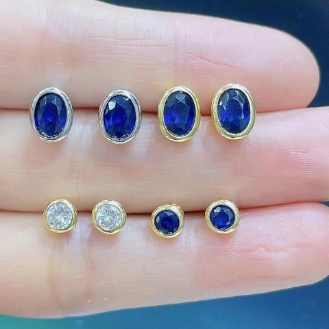 Luxus Kupfer Zirkonia Ohrstecker Oval Rund Blau Saphir Stil Gold Silber Plattiert Zargenfassung Damen Mode Schmuck