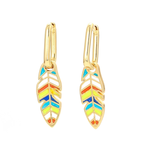 Bohemian Copper Enamel Feather Earrings Colorful Drip Oil Leaf Shape Geometric Hoop Earrings For Women Zirconia Inlaid Jewelry Gift