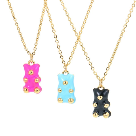 Cute Cartoon Gummy Bear Pendant Necklace For Women Copper Zirconia Enamel Colorful Bear DIY Jewelry Accessories Gift
