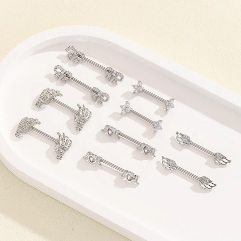 Vintage Stainless Steel Nipple Rings Zirconia Inlaid Angel Wings Bow Heart Clover Skull Hand Body Piercing Jewelry For Women