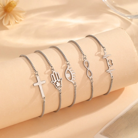 Minimalist Stainless Steel Adjustable Bolo Bracelet For Women Silver Thin Box Chain Bracelet Cross ECG Infinity Hamsa Eye Jewelry Gift
