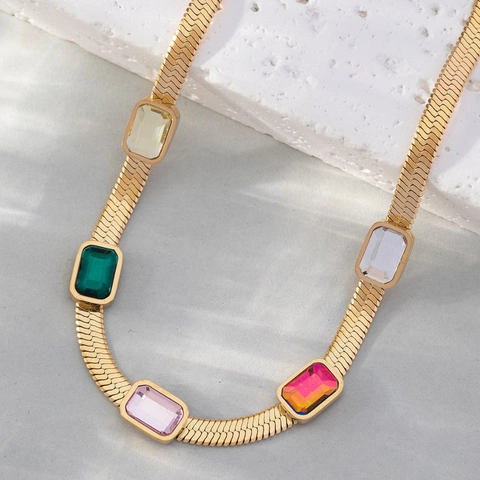 Bracciale in Acciaio Inossidabile Vintage da Donna Galvanizzato Oro 18K Zirconia Rettangolare Pietra Colorata Catena a Serpente