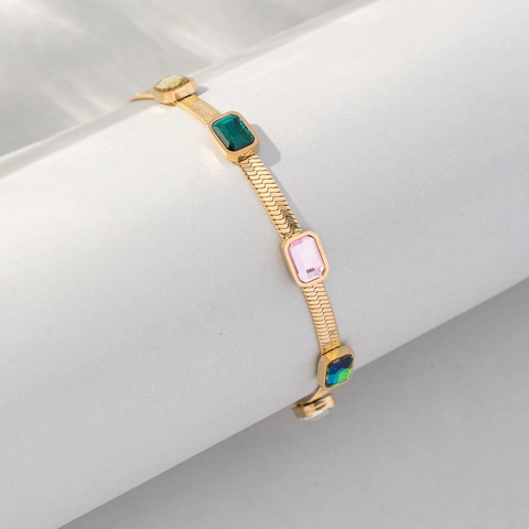 Bracciale in Acciaio Inossidabile Vintage da Donna Galvanizzato Oro 18K Zirconia Rettangolare Pietra Colorata Catena a Serpente