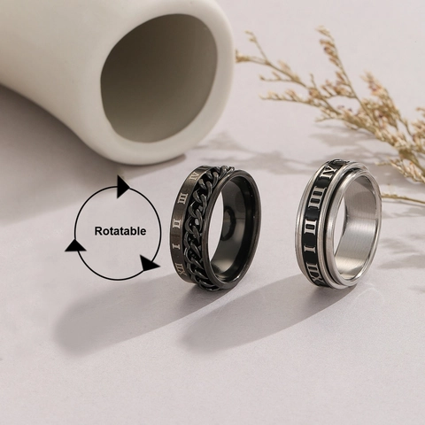 Vintage Stainless Steel Spinner Ring For Men Roman Numerals Rotatable Chain Band Ring Retro Punk Stress Relief Jewelry Accessory