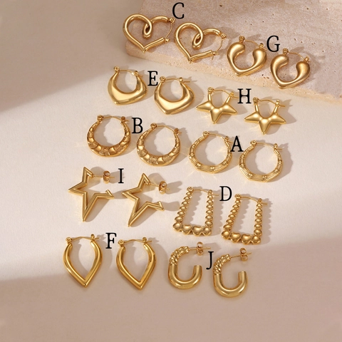 Fashion 18K Gold Plated Stainless Steel Earrings For Women Geometric Heart Star Bamboo Hoop Earrings Elegant Middle East Jewelry
