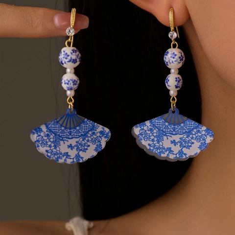 Vintage Chinese Style Fan Drop Earrings With Blue And White Porcelain Pattern Beads Copper Rhinestone Artificial Pearl Jewelry