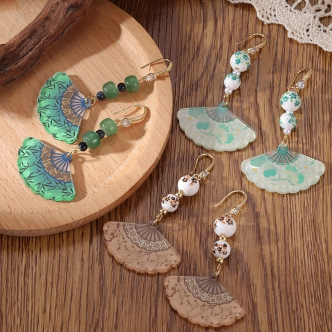 Vintage Chinese Style Fan Drop Earrings With Blue And White Porcelain Pattern Beads Copper Rhinestone Artificial Pearl Jewelry