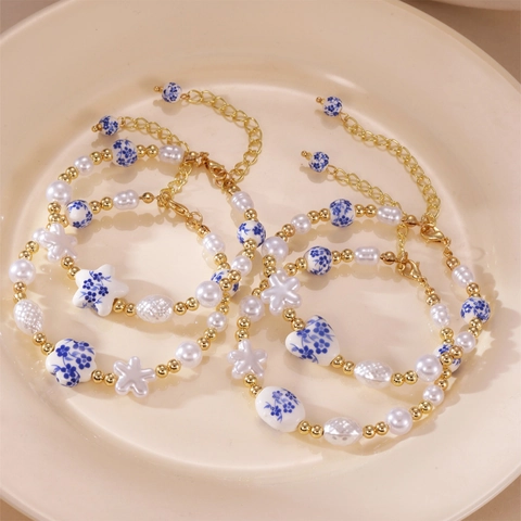 New Chinese Style Blue White Porcelain Heart Flower Beaded Bracelet Artificial Pearl Ceramic Beads Alloy Metal Jewelry Women