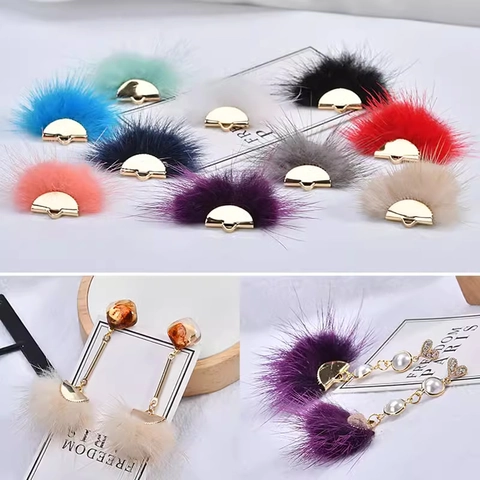 DIY Handmade Fan Shaped Mink Fur Pendants With Gold Alloy Base For Earrings Jewelry Making Accessories Material Multi Color Charms