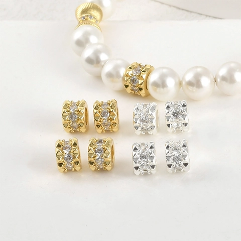 14K Gold Plated Copper Rivet Zirconia Spacer Beads Large Hole Barrel Beads DIY Jewelry Necklace Bracelet Making Findings