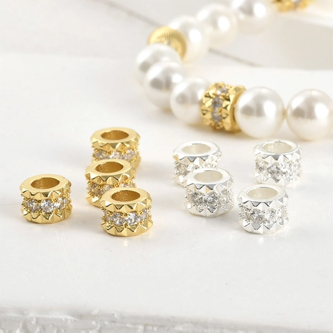 14K Gold Plated Copper Rivet Zirconia Spacer Beads Large Hole Barrel Beads DIY Jewelry Necklace Bracelet Making Findings