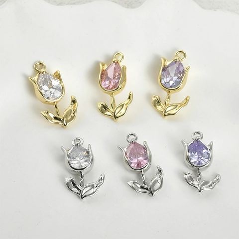 Sweet Tulip Pendant Charm Zirconia Inlaid Copper 14k Gold Plated Floral DIY Jewelry Accessory For Necklace Bracelet Making