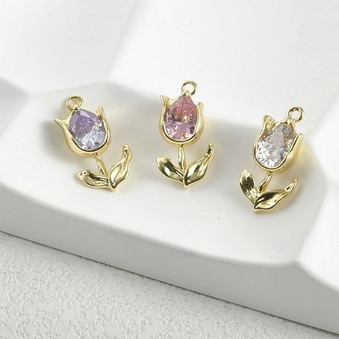 Sweet Tulip Pendant Charm Zirconia Inlaid Copper 14k Gold Plated Floral DIY Jewelry Accessory For Necklace Bracelet Making