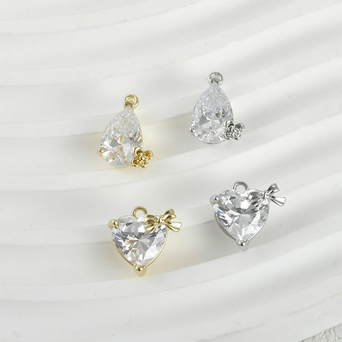 Zircon Water Drop Bow Heart Shape Pendant Copper DIY Necklace Earring Jewelry Making Accessories 14K Gold Plated Findings Women