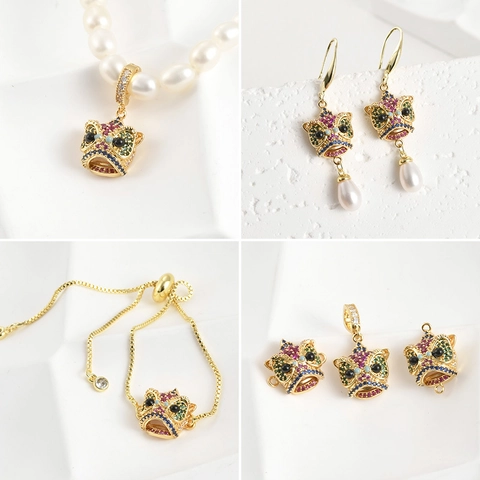 Colgante de Cabeza de Danza del León de Cobre Chapado en Oro de 18K Circón Accesorios de Joyería DIY para Collar Pulsera Pendientes